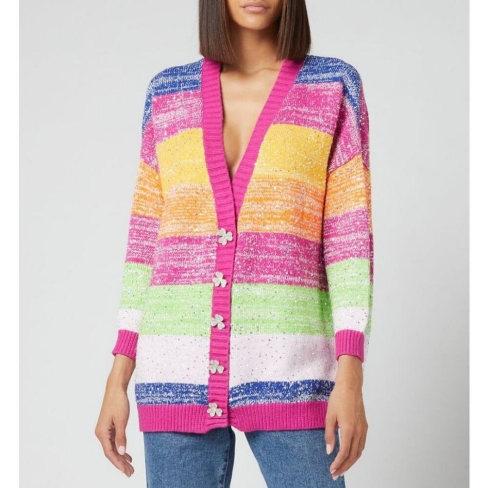 Olivia Rubin Mika Cardigan Sweater in Multicolor Stripe Silver Sequin Size Large